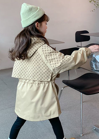 Casual Khaki Kids Stand Collar Drawstring Print Kids Hooded Trench Coat Fall QV032 MM-RCTZCGTS241026