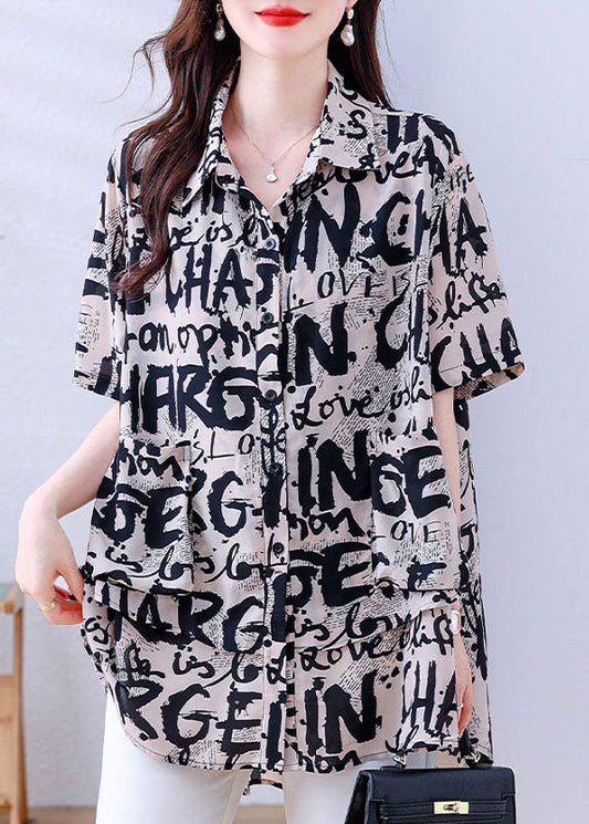 Casual Khaki Oversized Letter Print Chiffon Shirt Tops Summer YY017 OL-STP2408-16