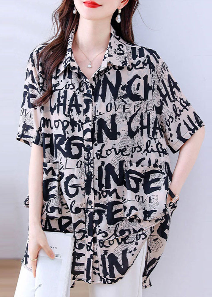 Casual Khaki Oversized Letter Print Chiffon Shirt Tops Summer YY017 OL-STP2408-16