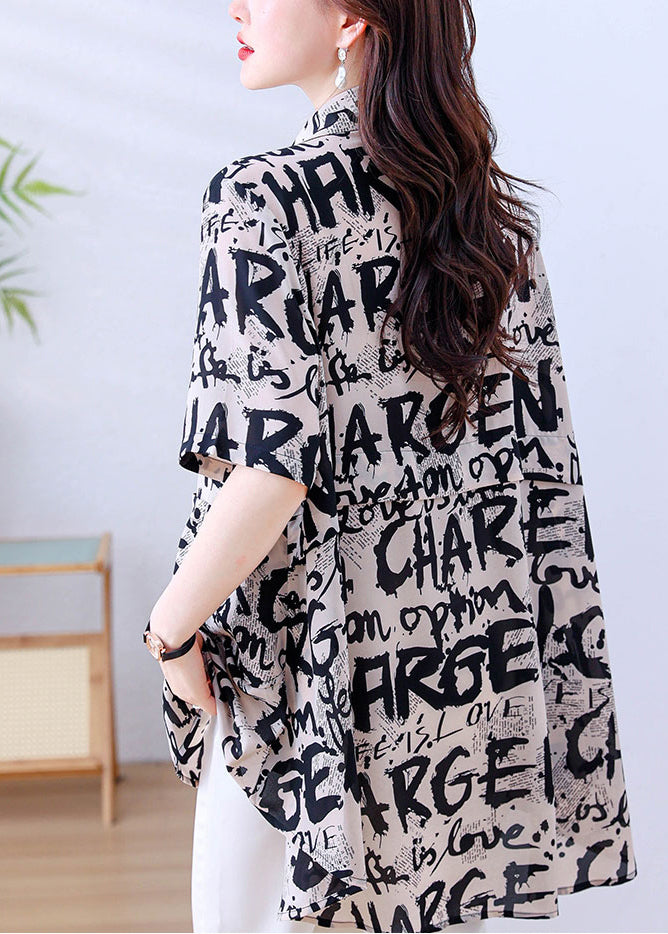 Casual Khaki Oversized Letter Print Chiffon Shirt Tops Summer YY017 OL-STP2408-16