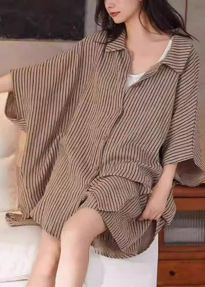 Casual Khaki Peter Pan Collar Striped Shirt And Shorts Two Piece Set Summer QB029 HS-TPIEC241025