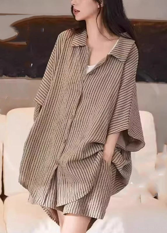 Casual Khaki Peter Pan Collar Striped Shirt And Shorts Two Piece Set Summer QB029 HS-TPIEC241025