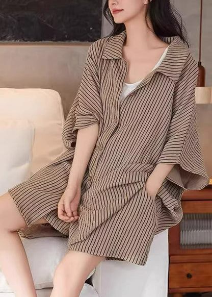 Casual Khaki Peter Pan Collar Striped Shirt And Shorts Two Piece Set Summer QB029 HS-TPIEC241025