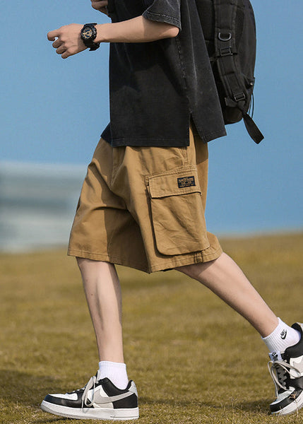 Mens Cotton Elastic Pockets Khaki Summer Waist Casual Shorts FashionChic