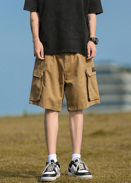 Mens Cotton Elastic Pockets Khaki Summer Waist Casual Shorts FashionChic