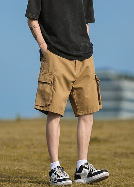 Mens Cotton Elastic Pockets Khaki Summer Waist Casual Shorts FashionChic