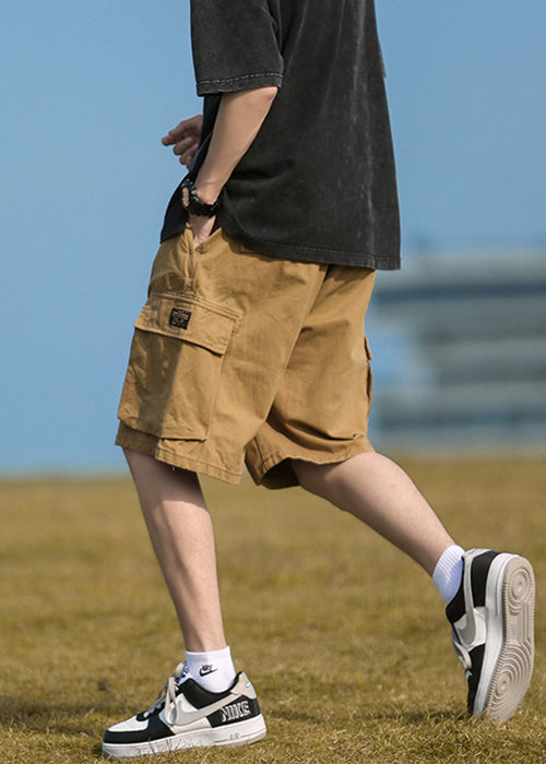 Mens Cotton Elastic Pockets Khaki Summer Waist Casual Shorts FashionChic