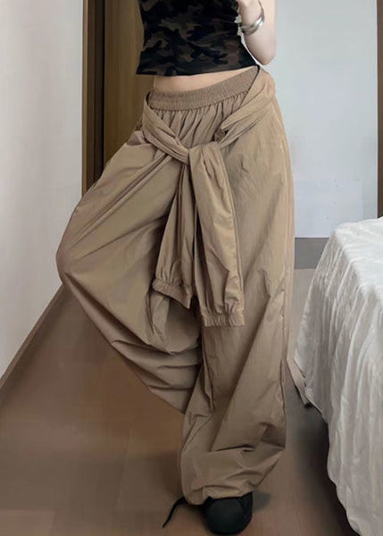 Casual Khaki Pockets Elastic Waist Cotton Pants Summer PP001 OM-NZ240827