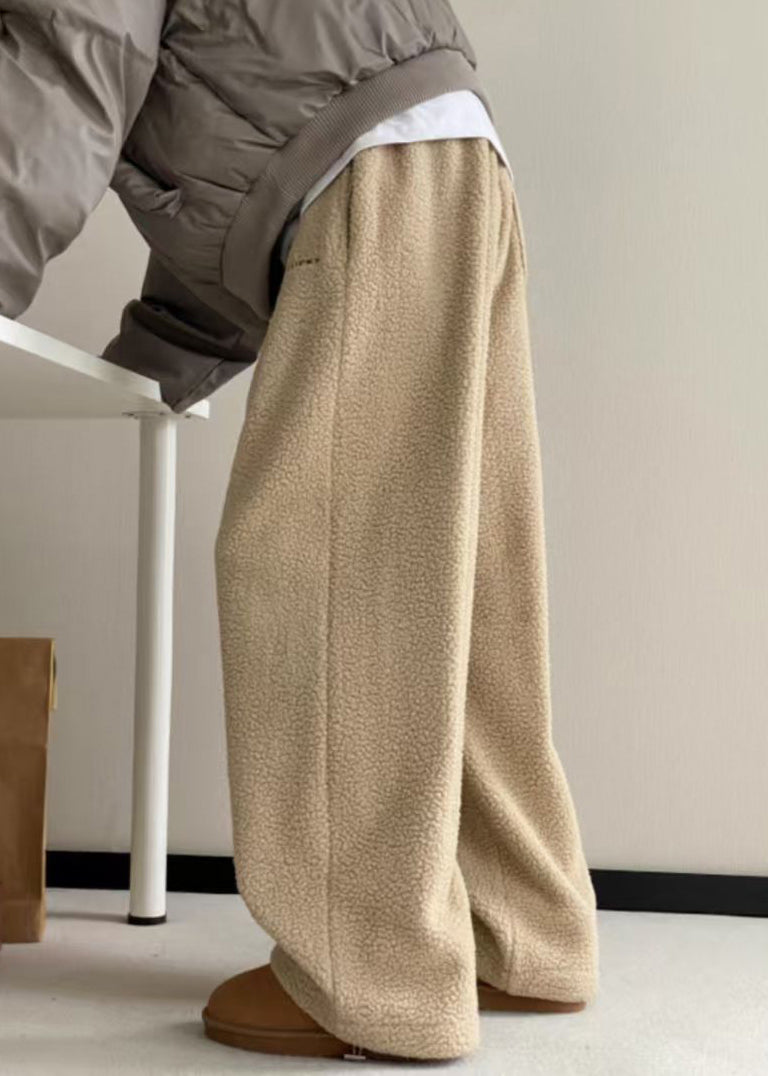 Casual Khaki Pockets Elastic Waist Teddy Faux Fur Mens Pants Winter RM037 ABC