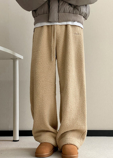Casual Khaki Pockets Elastic Waist Teddy Faux Fur Mens Pants Winter RM037 ABC
