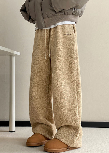 Casual Khaki Pockets Elastic Waist Teddy Faux Fur Mens Pants Winter RM037 ABC