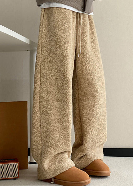 Casual Khaki Pockets Elastic Waist Teddy Faux Fur Mens Pants Winter RM037 ABC