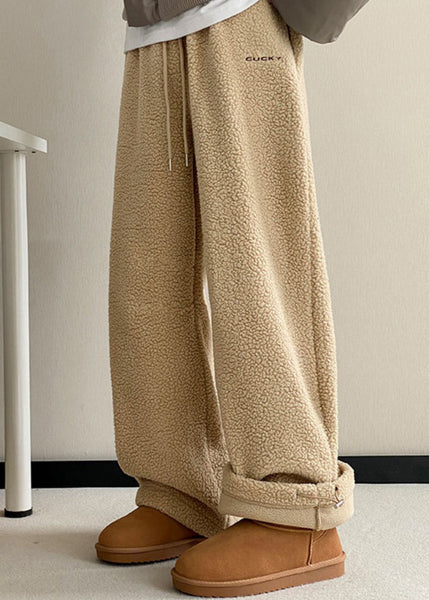 Casual Khaki Pockets Elastic Waist Teddy Faux Fur Mens Pants Winter RM037 ABC
