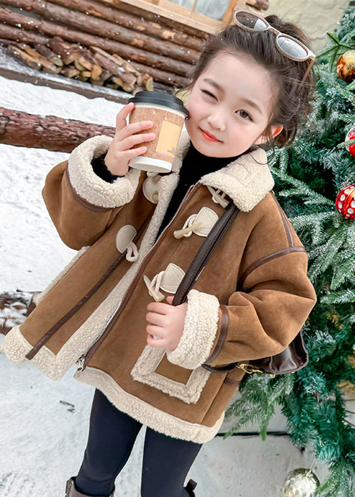 Casual Khaki Pockets Patchwork Thick Warm Fuzzy Wool Lined Girls Coats WinterTG027