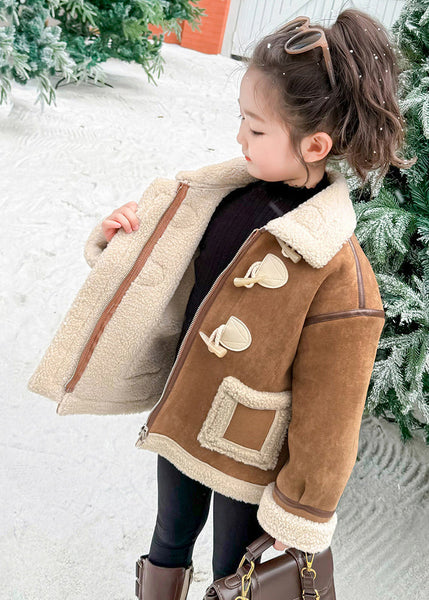 Casual Khaki Pockets Patchwork Thick Warm Fuzzy Wool Lined Girls Coats WinterTG027