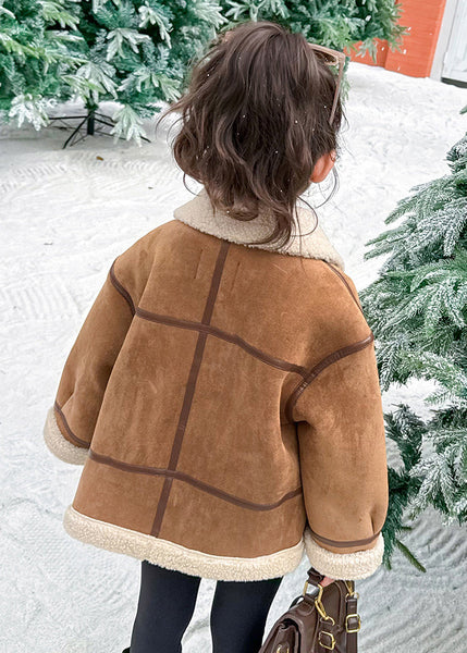 Casual Khaki Pockets Patchwork Thick Warm Fuzzy Wool Lined Girls Coats WinterTG027