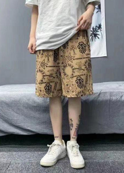 Summer Print Casual Mens Shorts Khaki Cotton Waist Elastic FashionChic