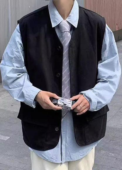 Casual Khaki V Neck Button Pockets Cotton Men Waistcoat Sleeveless RJ034 ABC