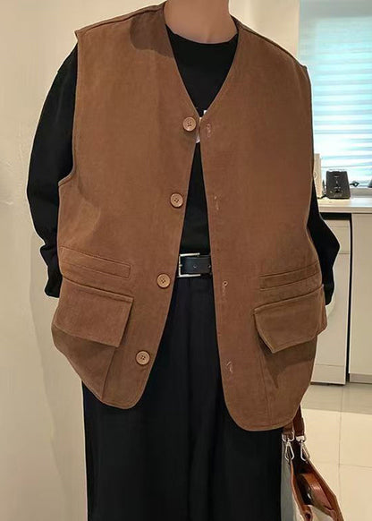 Casual Khaki V Neck Button Pockets Cotton Men Waistcoat Sleeveless RJ034 ABC