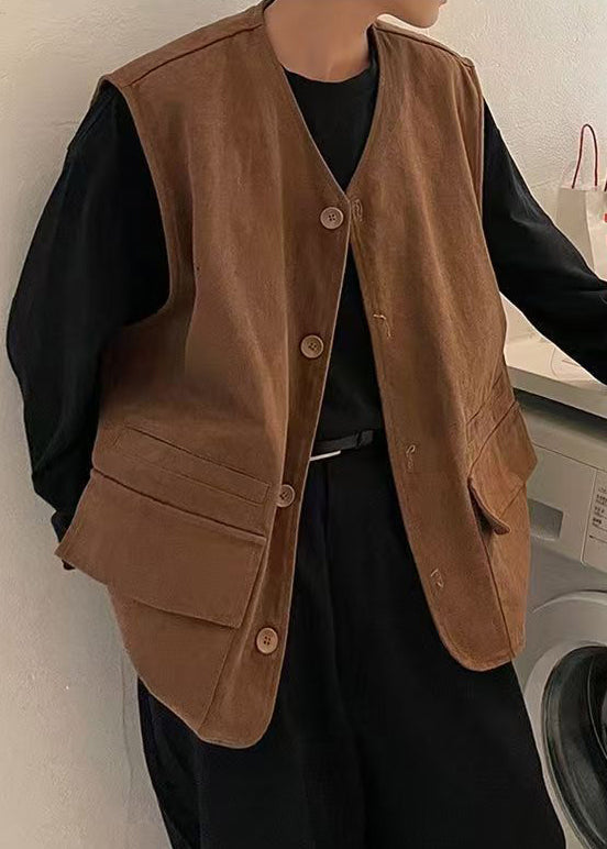 Casual Khaki V Neck Button Pockets Cotton Men Waistcoat Sleeveless RJ034 ABC