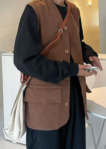 Casual Khaki V Neck Button Pockets Cotton Men Waistcoat Sleeveless RJ034 ABC