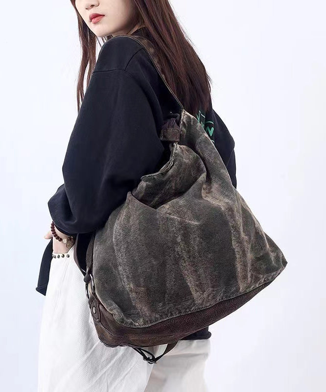 Casual Large Capacity Coffee Calf Leather Patchwork Canvas Satchel Bag Handbag MM048 Bag-BGS240620