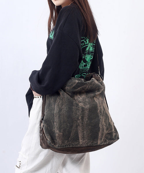 Casual Large Capacity Coffee Calf Leather Patchwork Canvas Satchel Bag Handbag MM048 Bag-BGS240620