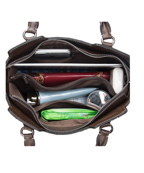 Silver Large Leather Calf Tote Casual Embossed Capacity Handbag FashionChic