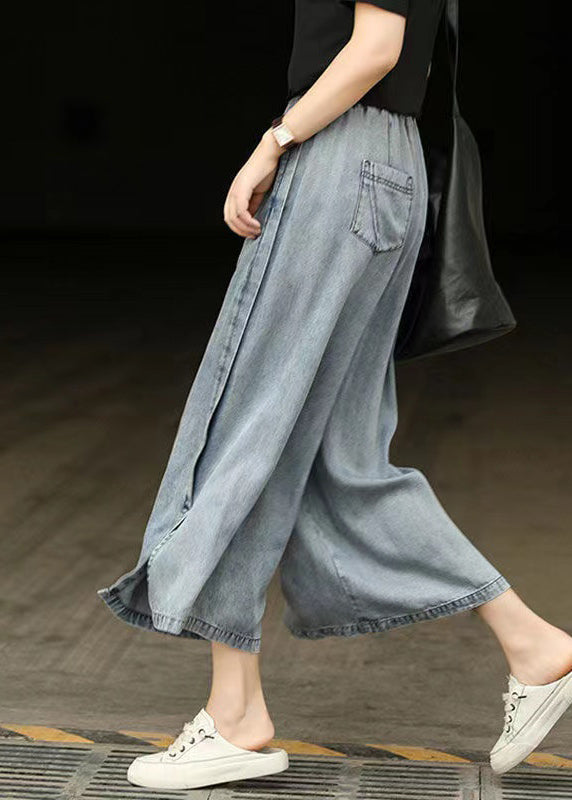 Casual Light Blue Elastic Waist Side Open Denim Crop Pants Summer BV087 MZF-CPTS240702