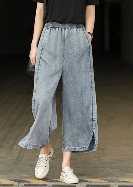 Casual Light Blue Elastic Waist Side Open Denim Crop Pants Summer BV087 MZF-CPTS240702