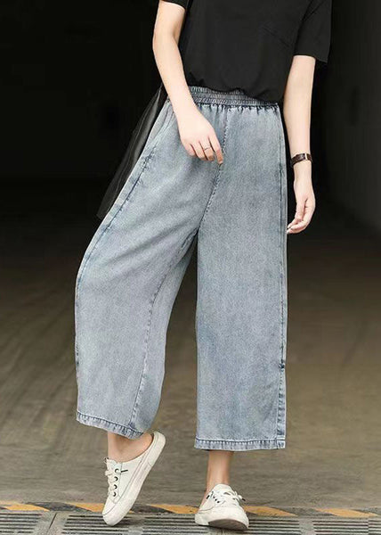Casual Light Blue Elastic Waist Side Open Denim Crop Pants Summer BV087 MZF-CPTS240702