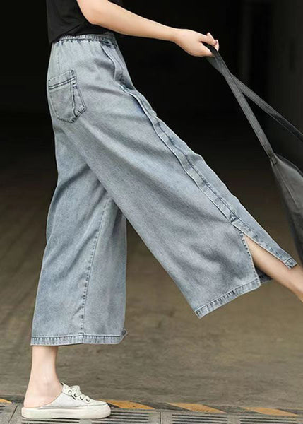 Casual Light Blue Elastic Waist Side Open Denim Crop Pants Summer BV087 MZF-CPTS240702