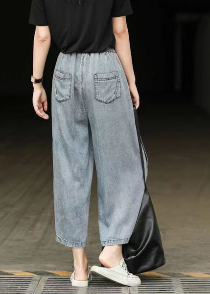 Casual Light Blue Elastic Waist Side Open Denim Crop Pants Summer BV087 MZF-CPTS240702