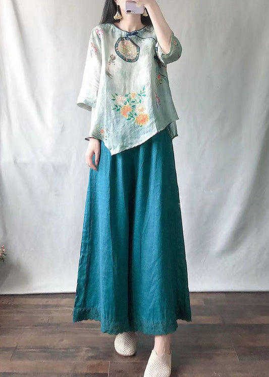 Casual Light Green O-Neck Print Shirts And Maxi Skirts Two Pieces Set Summer VV041 HS-TPIEC240627