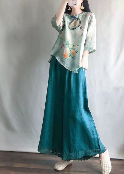 Casual Light Green O-Neck Print Shirts And Maxi Skirts Two Pieces Set Summer VV041 HS-TPIEC240627