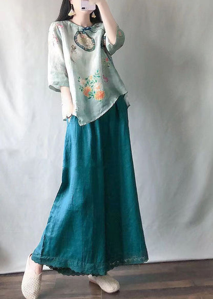 Casual Light Green O-Neck Print Shirts And Maxi Skirts Two Pieces Set Summer VV041 HS-TPIEC240627