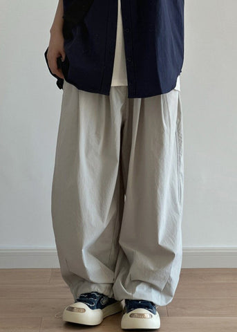 Grey Men Cotton Pants Drawstring Casual Wide Leg Pockets Light FashionChic