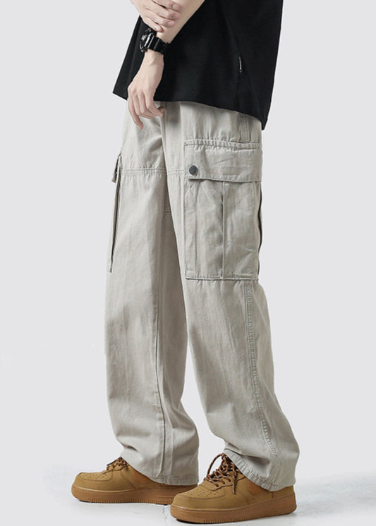 Waist Mens Crop High Pockets Grey Light Cotton Pants Casual FashionChic