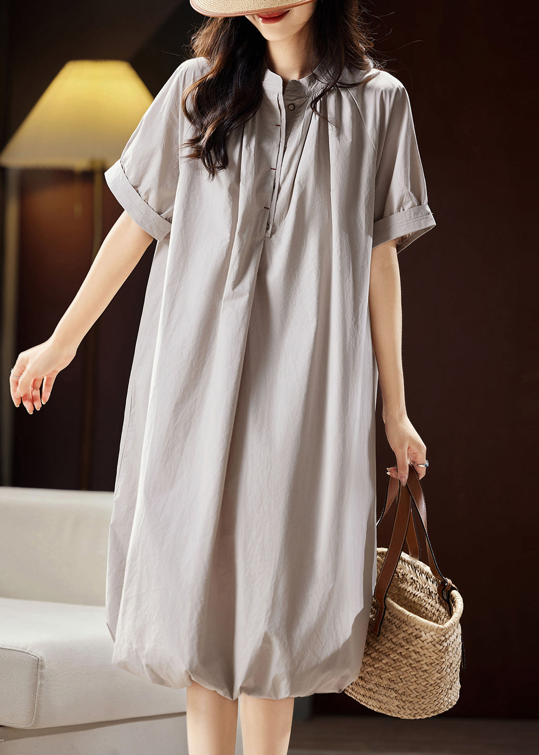 Casual Light Grey Stand Collar Button Cotton Long Dress Summer WW026 OL-SDL240812