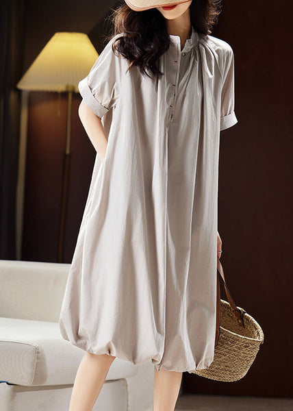 Casual Light Grey Stand Collar Button Cotton Long Dress Summer WW026 OL-SDL240812