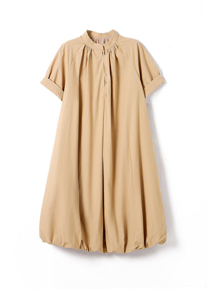 Casual Light Grey Stand Collar Button Cotton Long Dress Summer WW026 OL-SDL240812