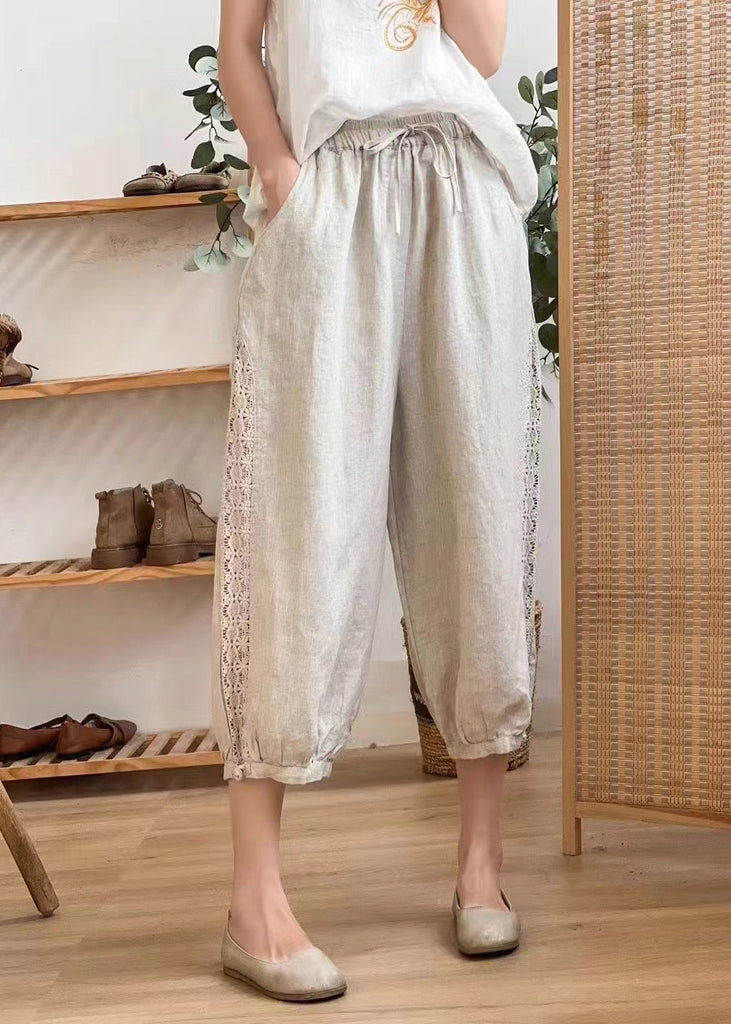 Casual Linen Color Hollow Out Pockets Elastic Waist Harem Pants Summer BV077 MZF-CPTS240702