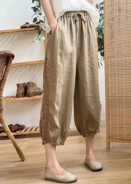 Casual Linen Color Hollow Out Pockets Elastic Waist Harem Pants Summer BV077 MZF-CPTS240702