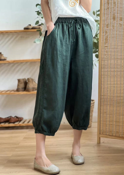 Casual Linen Color Hollow Out Pockets Elastic Waist Harem Pants Summer BV077 MZF-CPTS240702