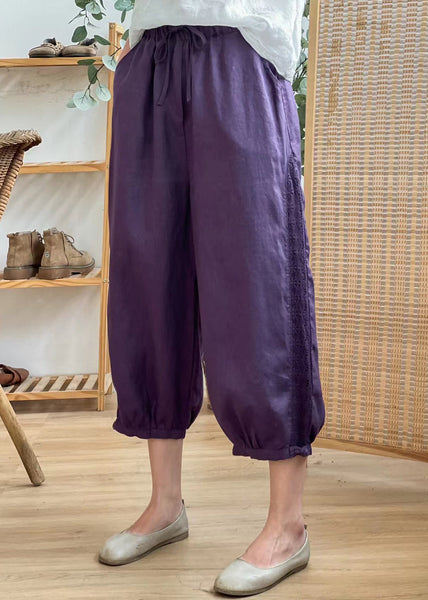 Casual Linen Color Hollow Out Pockets Elastic Waist Harem Pants Summer BV077 MZF-CPTS240702