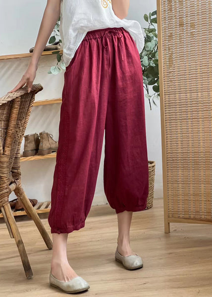 Casual Linen Color Hollow Out Pockets Elastic Waist Harem Pants Summer BV077 MZF-CPTS240702