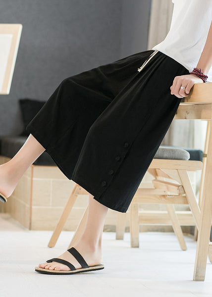 Casual Linen Pockets Button Elastic Waist Cotton Men Crop Pants Summer SA054 Men-casual-MENCP240726