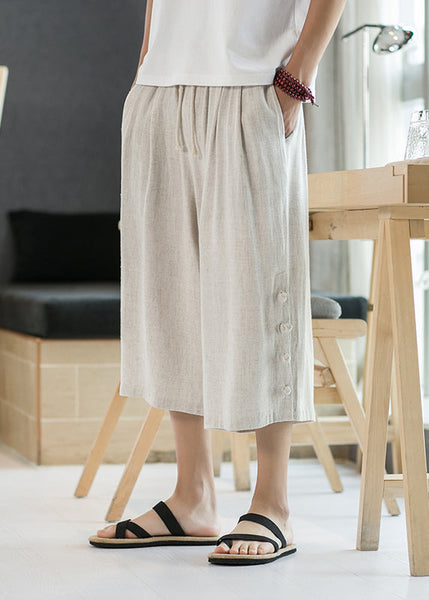 Casual Linen Pockets Button Elastic Waist Cotton Men Crop Pants Summer SA054 Men-casual-MENCP240726