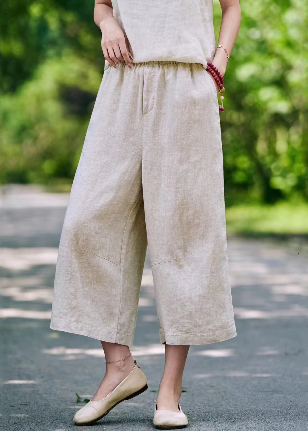 Elastic Waist Linen Pockets Summer Casual Pants Crop FashionChic