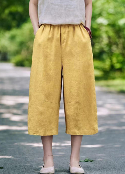 Elastic Waist Linen Pockets Summer Casual Pants Crop FashionChic